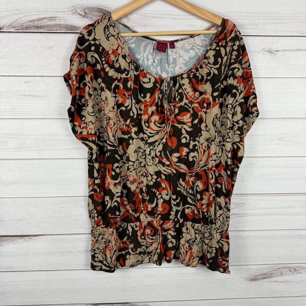 Women's 212 Brown Orange Floral Design All Over Print Blouse Size XL